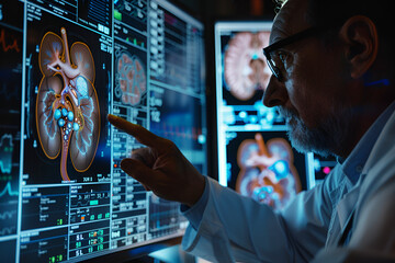 A professional doctor nephrologist examining kidney with help of technology,AI technology.