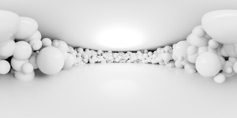 360 degree panorama of Minimalist Abstract Interior with White Spheres
