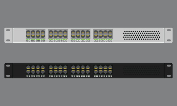 Rackmount 1U switch with 32 RJ45 ports. Vector illustration of white and black ethernet switches in flat style