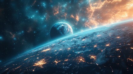 Obraz premium A stunning cosmic view of Earth from space, highlighting vibrant colors and celestial beauty.