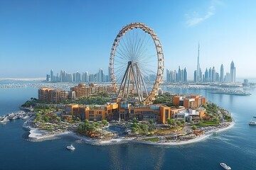 Obraz premium The Ferris Wheel on Ain Dubai and Bluewater's Island. Generative Ai
