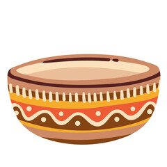 African cartoon ceramic bowl with tribal geometric pattern. Funny ancient clay cup with wavy ornament and dots. Culture of Africa, pottery mascot, cartoon African cute round bowl vector illustration