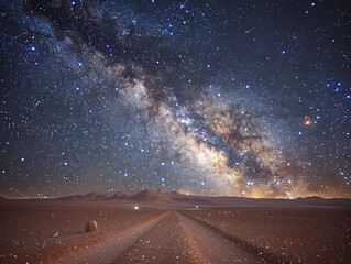 Naklejka premium A stunning night sky filled with stars and the Milky Way over a desert road.