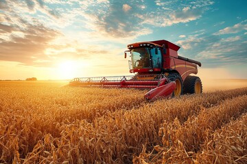 Harvesting soybeans using red combine harvester. Generative Ai