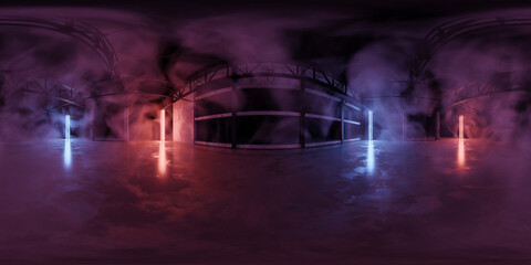 360 degree panorama of Foggy Industrial Space with Colorful Lights