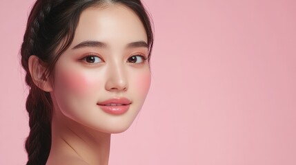 Fototapeta premium An Asian woman poses with impeccable skin against a pastel pink backdrop, reflecting skincare excellence and elegance in a commercial context.