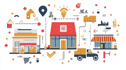 Vector of logistics supply chain with arrows connecting factories, warehouses, and stores