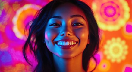 A young Asian woman smiles against a vibrant melted colorful backdrop, radiating joy and positivity. Her natural expression is perfect for projects focusing on happiness and energy.