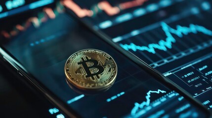 A gold Bitcoin coin rests on a smartphone screen displaying cryptocurrency charts.