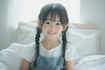 Naklejka premium A joyful, braided Asian girl jumps energetically on a bed in a cozy room, reflecting the playful spirit that is perfect for promoting children’s products or family-oriented content.