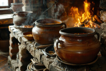 A countryside kitchen scene with traditional food simmering in clay pots over a hearth, capturing the earthy tones of heritage cooking.