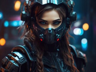 A beautiful girl in a motorcycle costume, in the cyberpunk style.