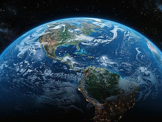 A stunning view of Earth from space, showcasing continents and oceans.