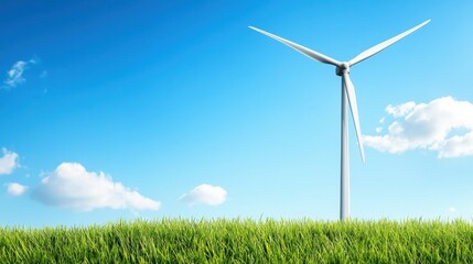 Wind turbine in a green field under a clear blue sky with a few fluffy clouds, symbolizing renewable energy.