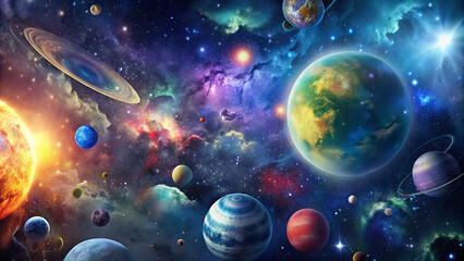 A colorful cosmic landscape showcases various planets, shimmering stars, and swirling nebulae, highlighting the beauty and mystery of outer space