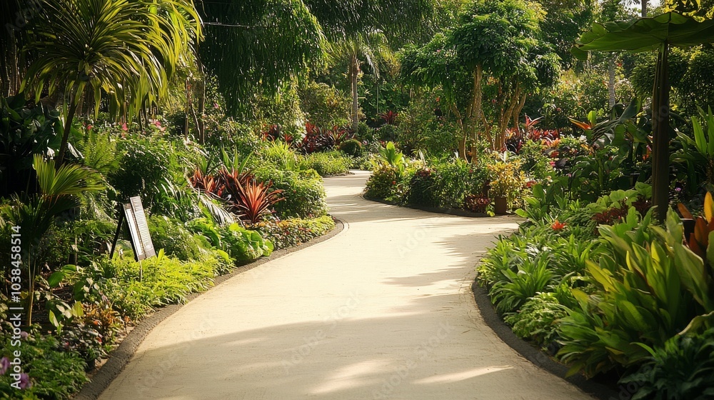 Aufkleber a serene botanical garden with meticulously curated plant collections and peaceful pathways, gardeni