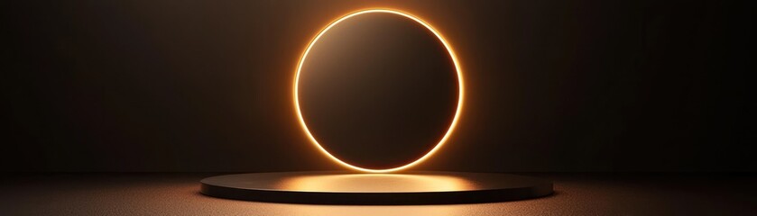 Illuminated podium circle on a dark background, ideal for abstract design uses.