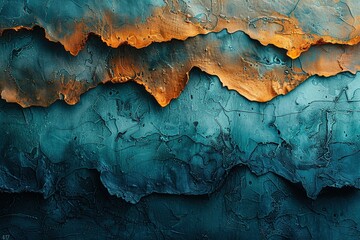 Naklejka premium A textured abstract artwork with layered colors of orange and teal, evoking natural landscapes.