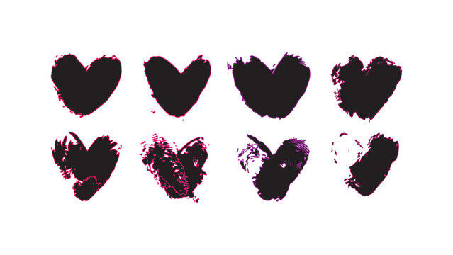 Collection of black heart shaped fingerprints, love concept, hearts of different designs, Valentine holiday black fingermark patterns, wedding card thumbprints, love fingerprint icons in heart shape