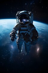 An astronaut floating in space, with Earth visible in the background and stars surrounding.