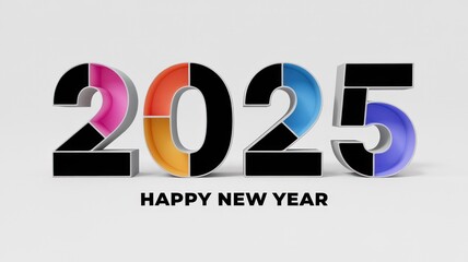 New Year 2025 celebration with colorful numbers on a white background.