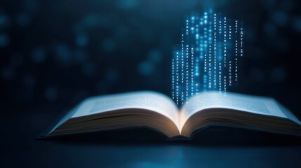 Open book with digital data visualizing information technology concept