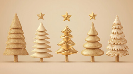 Gold and white Christmas tree decorations on a neutral background for the holidays