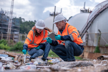 Environmental scientists or workers, wearing safety helmets and gloves, examining waste materials along a shoreline are large industrial tanks environmental waste water or pollution effects concept.