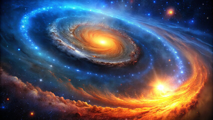 A stunning display of a spiral galaxy with bright orange and blue hues surrounded by twinkling stars and cosmic dust reveals the beauty of the universe