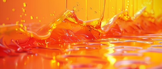 Vibrant Orange Liquid Splash with Bubbles and Reflections