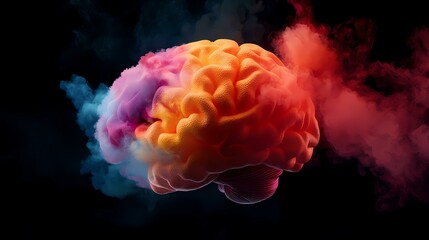 Fototapeta premium The image shows a 3D rendering of a brain engulfed in a swirling cloud of red and blue smoke. The brain is depicted as a bright orange, with visible folds and grooves, symbolizing the complexities of