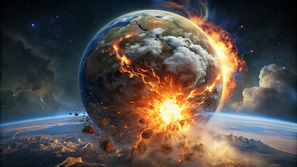Obraz premium A breathtaking depiction of Earth engulfed in fiery explosions and dramatic clouds, illustrating a catastrophic event from a cosmic viewpoint