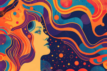  Abstract colorful illustration of a stylized female face with flowing hair and intricate patterns, evoking creativity and imagination.