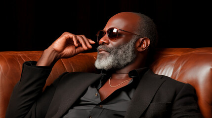 Stylish, old or middle-aged black playboy reclining laidback in a suede leather sofa