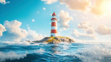 A red and white lighthouse stands tall on a rocky island in the middle of a vast blue ocean, under a bright sunny sky with fluffy white clouds.