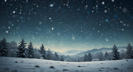 Image of a soft beautiful snowfall in a forest. Cinematic image of forest in winter with the happiness of new year celebrating new year eve.