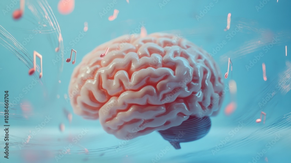 Poster a human brain surrounded by musical notes emphasizes the relationship between cognition and melody i