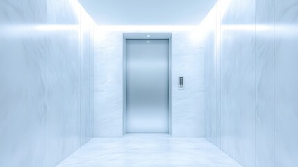 A large silver elevator door is open in a white room