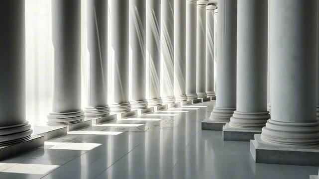 White colonnade featuring tall classical columns with soft light streaming through. The minimalist and clean design