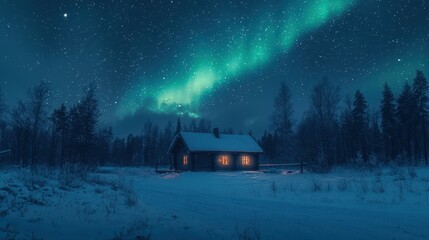 Northern Lights Above Snow-Covered Cabin in Lapland