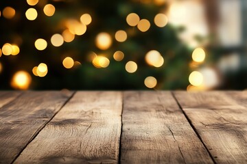 Wooden table top with a blurred Christmas tree background for product display