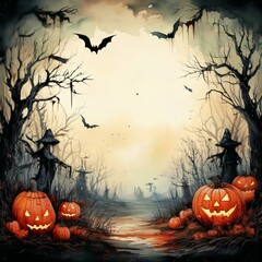 watercolor spooky Halloween background with empty copy space in the middle