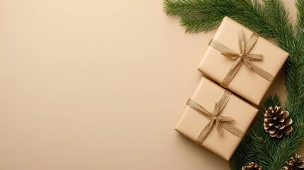 Wrapped gifts and pine branches on a beige background.