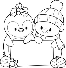 Christmas Cute penguin and cute snowman hand drawn coloring white illustration elements winter greeting card