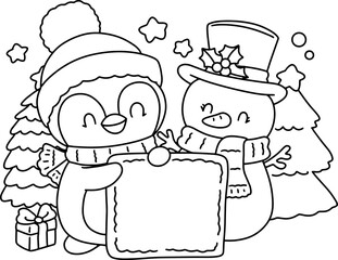 Christmas Cute penguin and cute snowman hand drawn coloring white illustration elements winter greeting card
