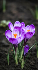 Vibrant purple crocus flowers emerging in spring garden setting