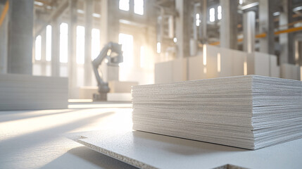 Stack of drywall sheets in industrial building with robot arm in background