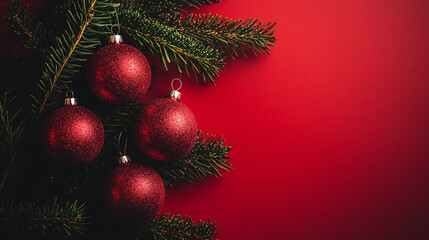A festive arrangement features vibrant red ornaments elegantly suspended from a lush pine branch