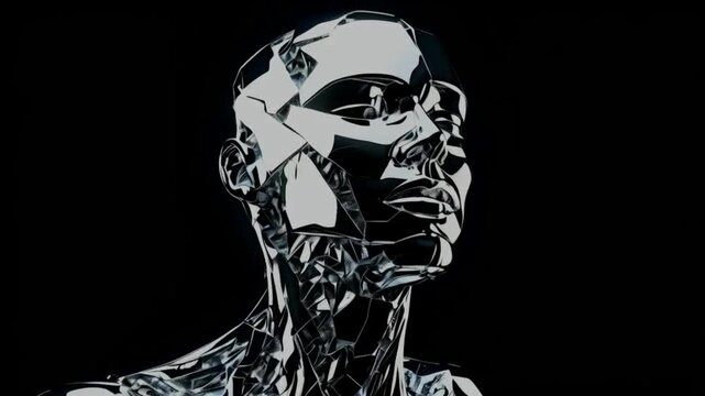 The human body, chrome metal, face slowly breaks small reflective pieces. pieces float  different shapes black stays static, futuristic disintegration of identity, 4k High-Quality Animation Video