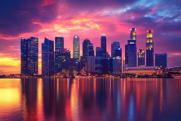Fototapeta premium The city skyline at sunset in the business district of Marina. Generative Ai